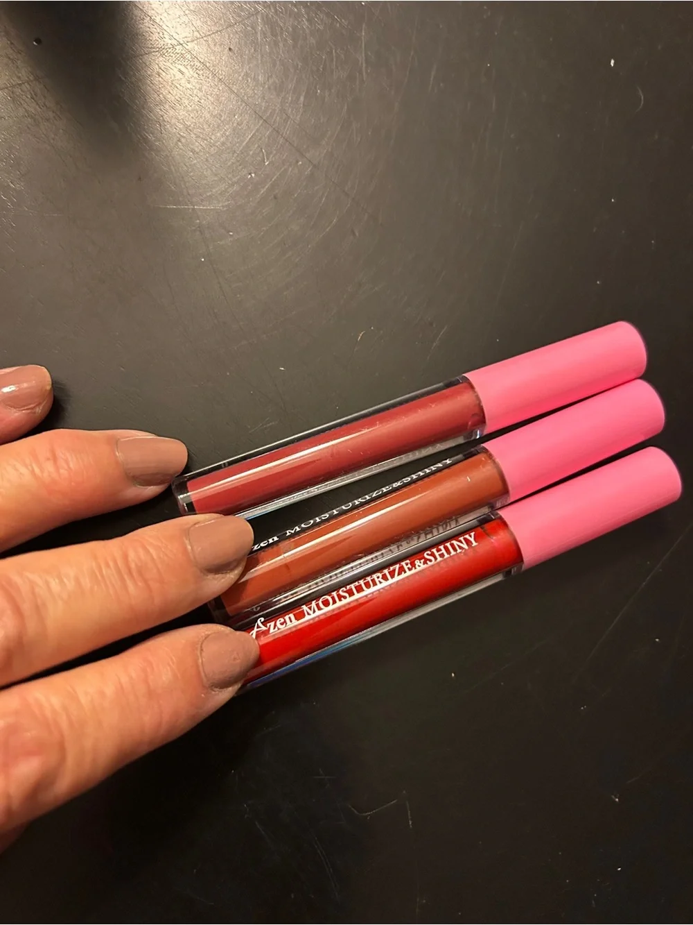 Moisturize & Shiny Lip Gloss Trio — Pink Caps with Red, Brown, Rose Shades